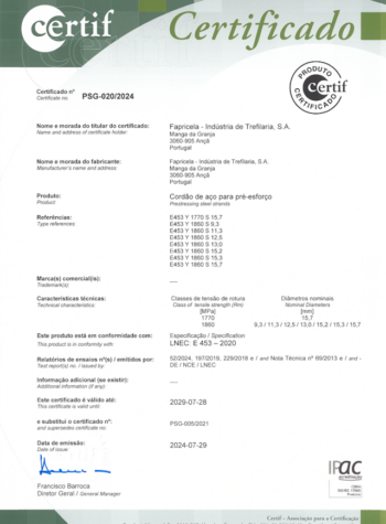 CERTIF – Cordão de aço para pré-esforço