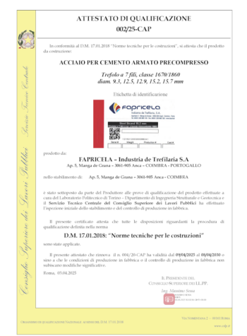 Ministero delle Infrastrutture e Transportti – Trefolo a 7 fili, classe 1670/1860